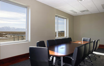 Lander County jury room with a conference table and chairs overlooking the Navada landscape.